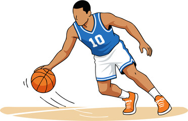 Naklejka premium Dynamic graphic illustration of a male basketball player actively dribbling the ball, capturing the essence of sports action and athleticism on the court with vibrant energy