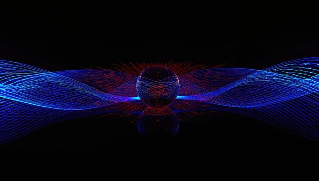 Electric blue and red light painting with a crystal ball, showcasing dynamic waves and curves, illustrating artistic technique