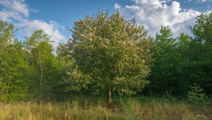 Obraz premium A blossoming apple tree in a forest clearing during a summer morning, seasonal change
