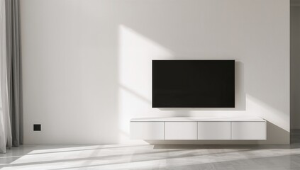 Fototapeta premium Living room featuring a TV on a cabinet against a white plaster wall, minimalistic design focus