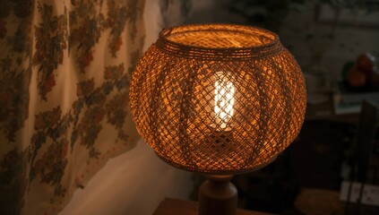 A braided lampshade featuring an electric light bulb, enhancing ambiance with intricate design
