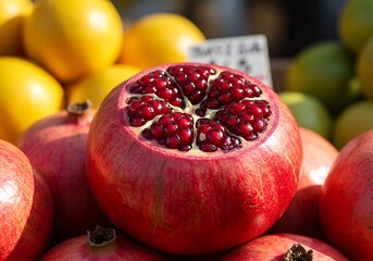 Fresh Ripe Pomegranate Halved Revealing Juicy Arils Surrounded by Lemons.