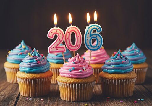 Birthday Cupcakes with Lit Candles Spelling 206 on a Wooden Table.