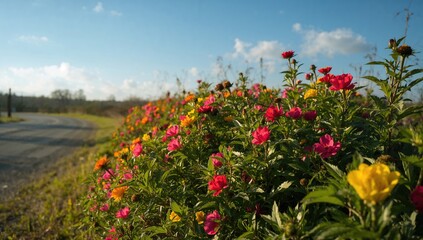 Vibrant flowers blooming amidst lush green foliage along a roadside, seasonal change