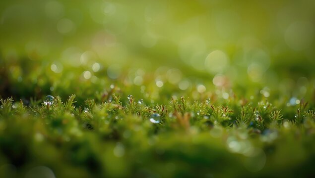 Macro photography of green moss with dew drops, showcasing natural textures and blurred background for editorial use