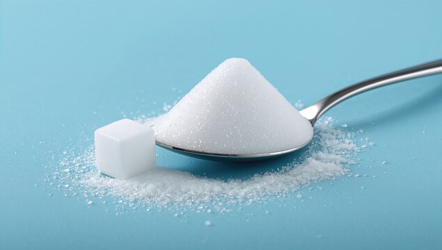 Granulated sugar in a spoon with a sugar cube on a blue backdrop, refined sugar load