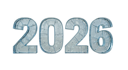The year 2026 made of cracked ice, a cool and frosty design for New Year's Eve party invitations and winter-themed graphics.