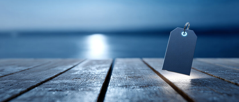 Blank dark blue price tag standing on wooden pier with blurred ocean and sunset background in soft focus