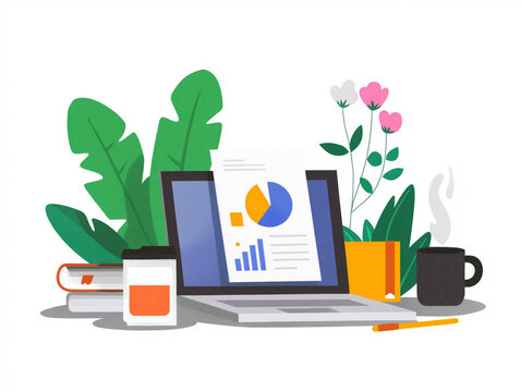 Calm eco-desk scene with laptop and printed report, leafy backdrop, books and hot coffee fueling focused routine