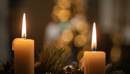 Church advent candle light surrounded by soft golden bokeh for spiritual reflection, peace of mind, Memorial Day observance