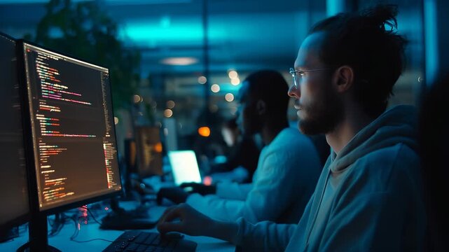 Programmer focused on monitor coding interface. Developer works at office desk surrounded by team. Software engineer using computer, working with monitor setup for advanced coding project development