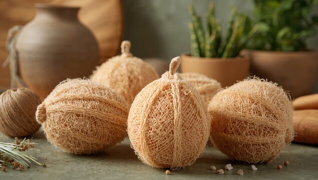 Collection of luffa sponges, natural exfoliating tools for skincare