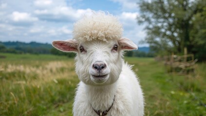 Obraz premium A light-colored farm animal strikes a playful pose in a scenic outdoor setting, reflecting its endearing personality