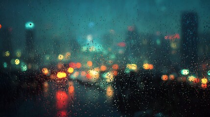 City lights bokeh and reflections on a window with raindrops on a rainy night