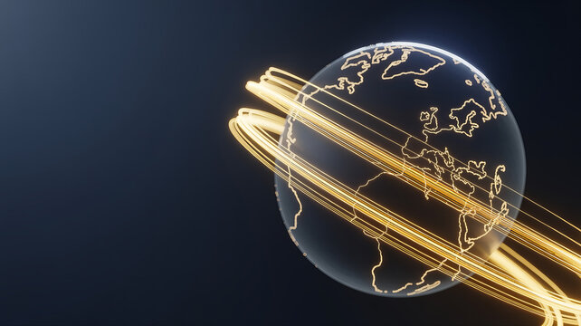 Dynamic glowing lines trace continents on transparent Earth globe symbolizing global connectivity and digital networks in space