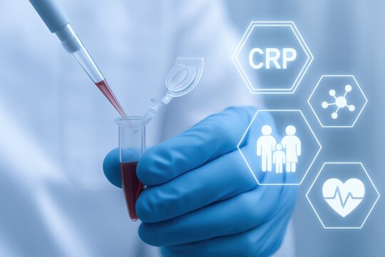 Longevity-Healthy Lifespan, Gloved hand pipetting a blood sample into a vial with medical icons for CRP, family, molecule and heart