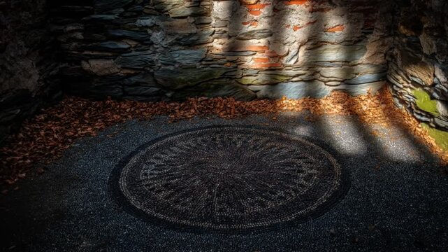A shadowed stone wall with a mosaic circle and fallen leaves. Beams of light illuminate the scene
