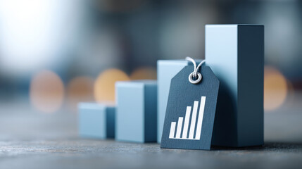 Close-up of ascending blue bar graph with price tag symbolizing growth and increasing value in business and finance concept