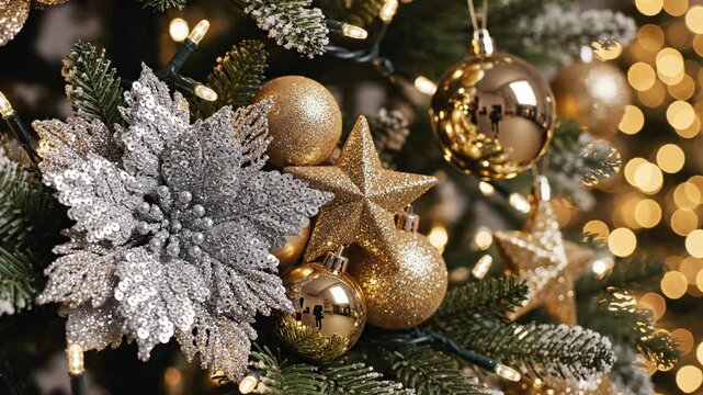 D&eacute;coration de No&euml;l de luxe : Gros plan sur une fleur argent&eacute;e scintillante et des ornements dor&eacute;s sur un sapin illumin&eacute;