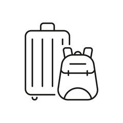 Luggage And Backpack Line Icon. Travel And Adventure Essentials Outline Symbol. Vacation Packing, Journey Preparation, And Tourism Equipment. Editable Stroke. Isolated Vector Illustration