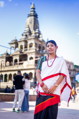 Nepali Newari Girl in Traditional Attire Gracefully Posing for Photoshoot at Patan Durbar Square