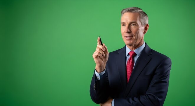 Senior man in suit with pen on green screen. Middle aged male with elegant gesture. Business expert on chroma key background.