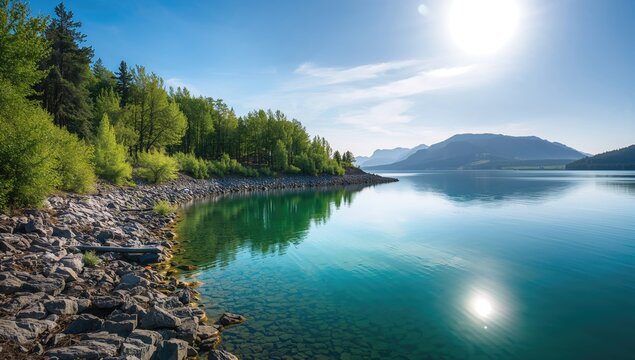 Stunning natural scenery featuring a rocky coastline lined with towering green trees meeting tranquil blue waters.