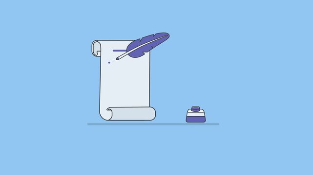 Feather Quill Writing on Paper Ink Pen Script Writing Old Style Handwriting and Sign 2D Flat Design Seamless Loop Animation