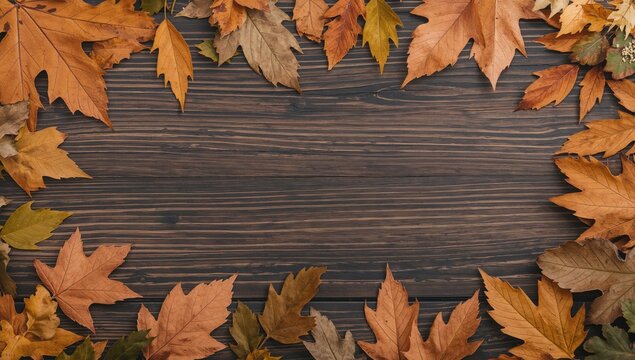 Autumn leaves arranged on wooden surface with rustic vibes. Seasonal banner with yellow and orange foliage. Dry leaf border on wooden background. Flat lay of fall-themed decor. Top view of dried leaf
