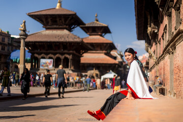 Nepali Newari Girl in Traditional Attire Gracefully Posing for Photoshoot at Patan Durbar Square