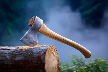 Rustic axe embedded in log amidst misty forest for woodworking and outdoor concepts