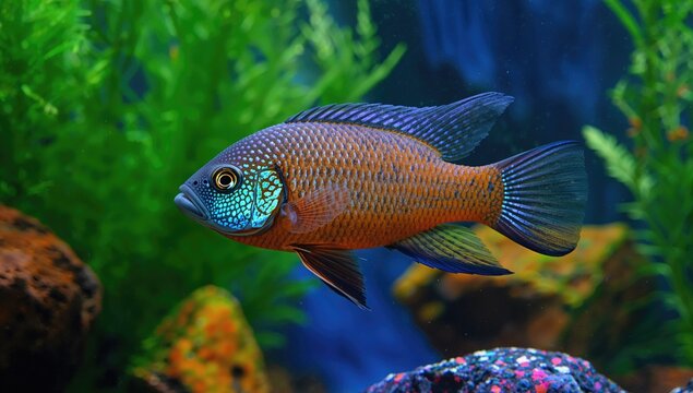 Freshwater aquarium featuring a Strawberry Peacock (Aulonocara) African Cichlid.