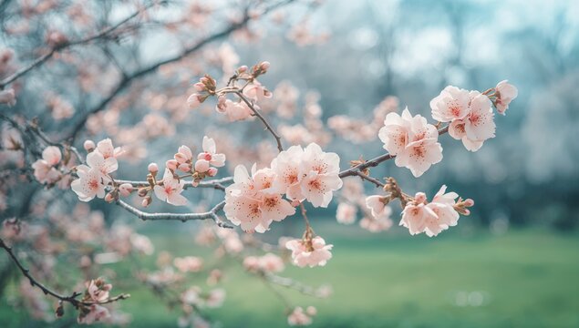 Delicate pink flowers bloom on slender branches, creating a dreamlike backdrop for springtime themes