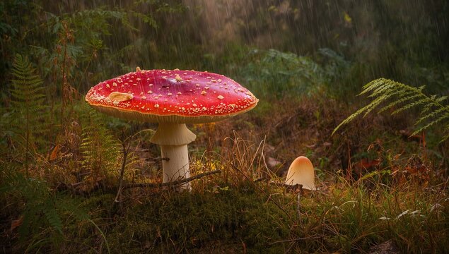Toxic red Amanita mushroom known as panther cap in woodland surrounded by lush greenery