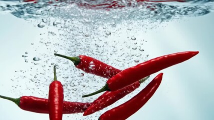 Red chili peppers splashing underwater with bubbles creating vibrant freshness - Powered by Adobe