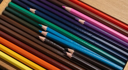 A Colorful Assortment of Sharpened Colored Pencils Laid Out in Rows.