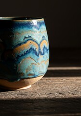 Handmade Ceramic Pottery Cup with Swirling Blue and Orange Glaze.
