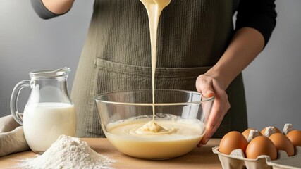 Person preparing baking ingredients mixing batter in bowl with flour and eggs nearby