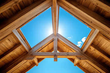 Architectural view of wooden roof beams with blue sky and sunlight