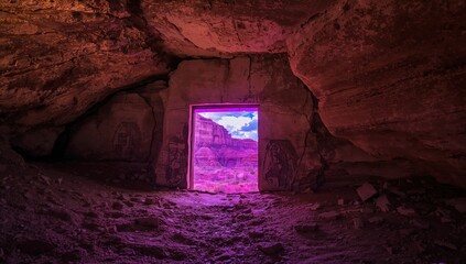 Fototapeta premium Gateway to another dimension in a desert, framed in stone with intricate carvings, seasonal change