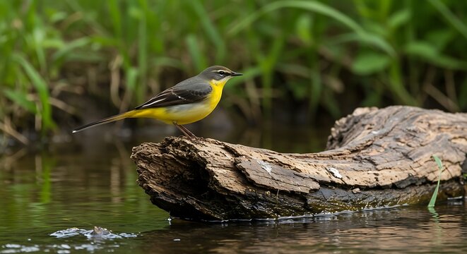 A Yellow Wagtail Bird Perched on a Waterlogged Log in a Natural Setting.