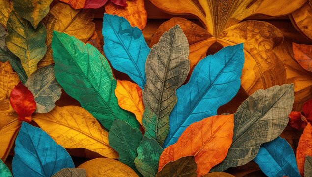 A detailed view of vibrant ornamental wooden leaves, adding a natural texture for design use
