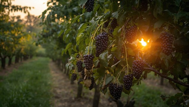 Mulberry tree orchard bathed in soft amber light, showcasing the vibrant greenery and ripe fruit, seasonal change
