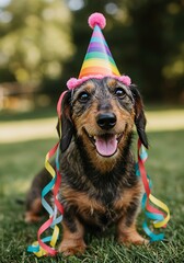 Happy Dachshund Dog Wearing a Colorful Birthday Party Hat and Streamers Outdoors.