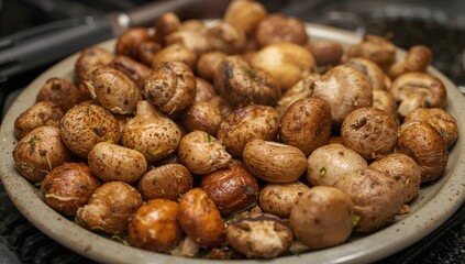 Obraz premium A variety of fresh mushrooms arranged on a plate, ideal for grilling, nutrient-rich meal