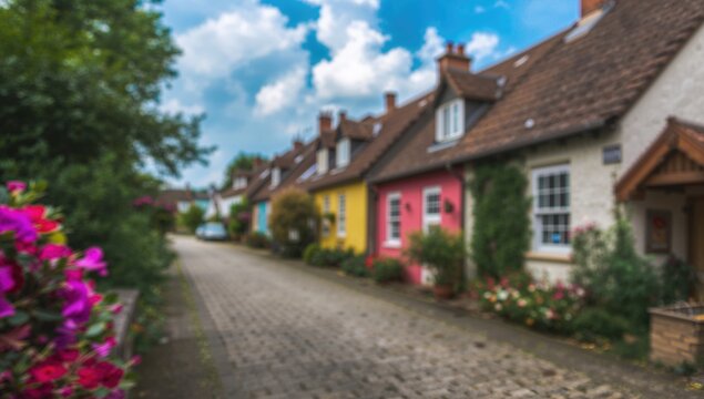Blurred colorful cobblestone path featuring quaint cottages and vibrant foliage in a scenic village, ideal for editorial use