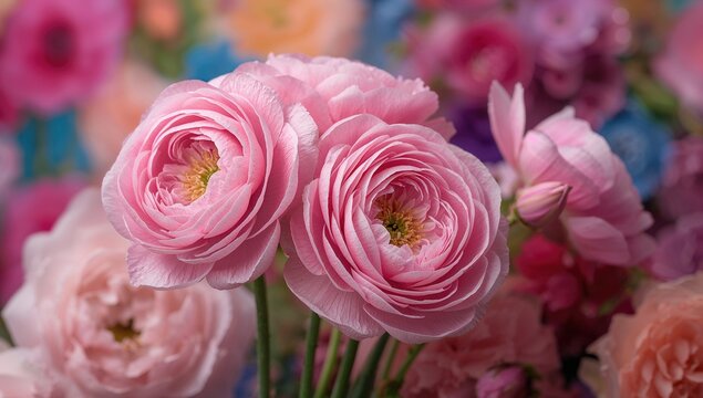 Close-up view of pink ranunculus blooms, ideal for floral design projects
