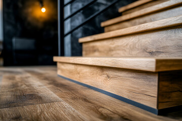 Modern wooden staircase detail with warm lighting for interior design inspiration