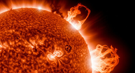 Spectacular close-up of dynamic solar activity on the sun's surface, showcasing powerful flares and fiery prominences erupting into space, a mesmerizing cosmic phenomenon of intense energy and heat