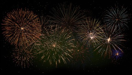 Vibrant array of eight celebratory fireworks bursting against a dark night backdrop